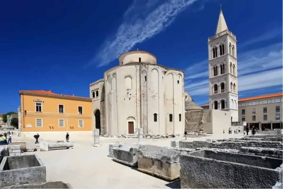 The round stone Church of St Donatus and the cathedral bell tower above the Roman forum in Zadar